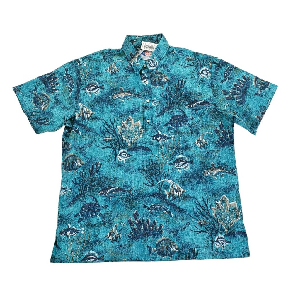 NWT Nui Nalu Sears USA Made Hawaiian Pop Over Shirt Mens XL Fish Turtle Teal